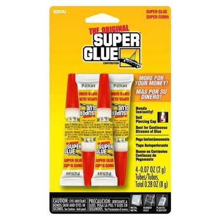 Super Glue Instant Adhesive, Original Series, Clear, 0.07 oz, Tube 4 PK SGH24J-48