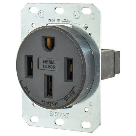 ZORO SELECT Receptacle, 50 A Amps, 125/250V AC, Flush Mount, Single Outlet, 14-50R, Black 9450FR