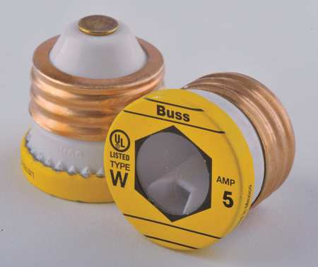 EATON BUSSMANN Plug Fuse, W Series, Fast Acting, 5A, 125V AC, Indicating, 10kA at 125V AC, 4 PK W-5