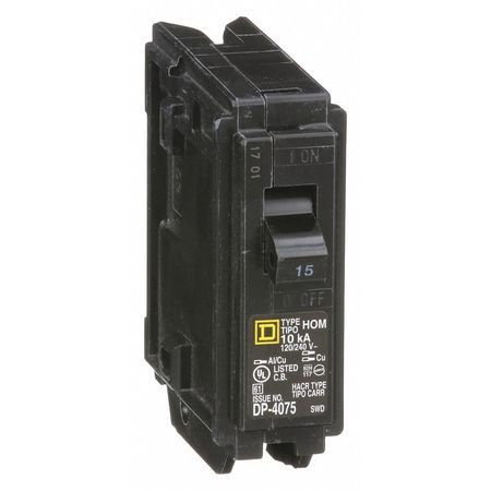 SQUARE D Miniature Circuit Breaker, HOM Series 15A, 1 Pole, 120/240V AC HOM115