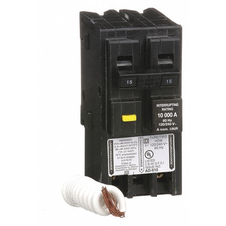 Square D Miniature Circuit Breaker, HOM Series 15A, 2 Pole, 120/240V AC, A Curve HOM215GFI