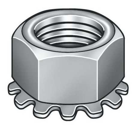 Zoro Select External Tooth Lock Washer Lock Nut, #4-40, Steel, Grade 2, Zinc Plated, 7/64 in Ht, 100 PK KEPI0-40-100P