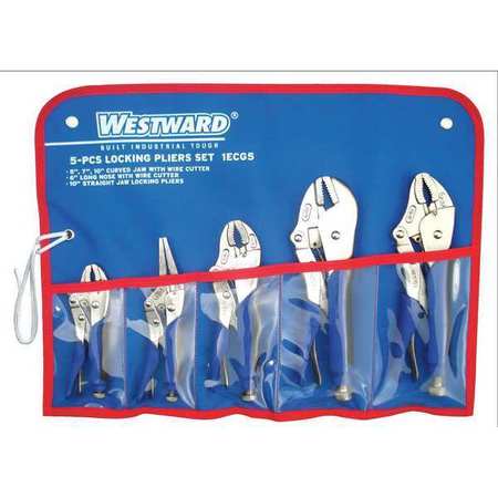 WESTWARD 5 Piece Locking Pliers Set Ergonomic Handle 1ECG5