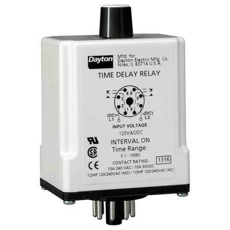 DAYTON Time Delay Relay, 120VAC/DC, 10A, DPDT 1EGB3