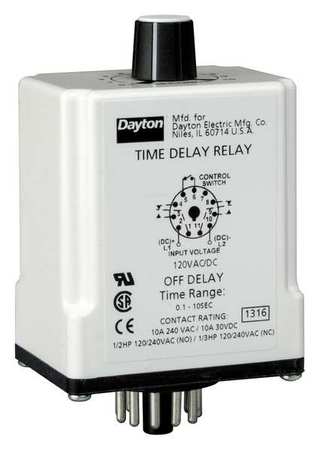 DAYTON Time Dlay Rlay, 120VAC/DC, 10A, DPDT, 9 sec. 1EGC4