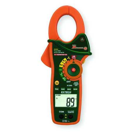 EXTECH Clamp Meter, Backlit LCD, 1,000 A, 1.8 in (46 mm) Jaw Capacity, Cat III 600V Safety Rating EX830