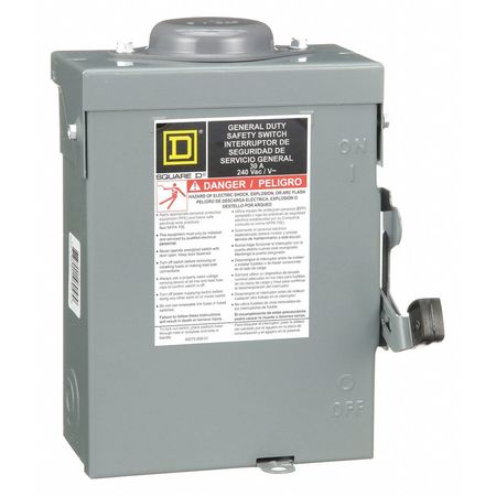 SQUARE D Fusible Safety Switch, General Duty, 240V AC, 2PST, 30 A, NEMA 3R D221NRB