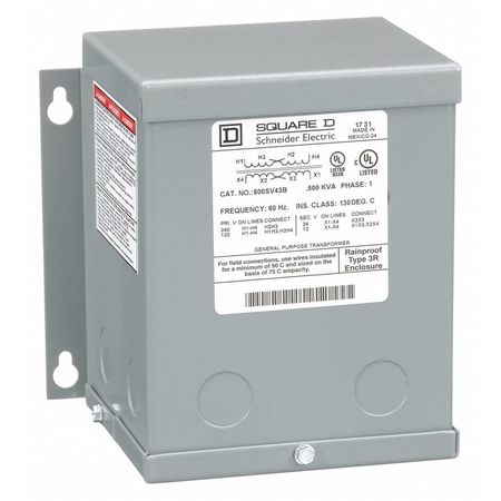 Square D Buck Boost Transformer, 500 VA, NEMA 3R, 80 °C, 12/24V AC, 120/240V AC 500SV43B