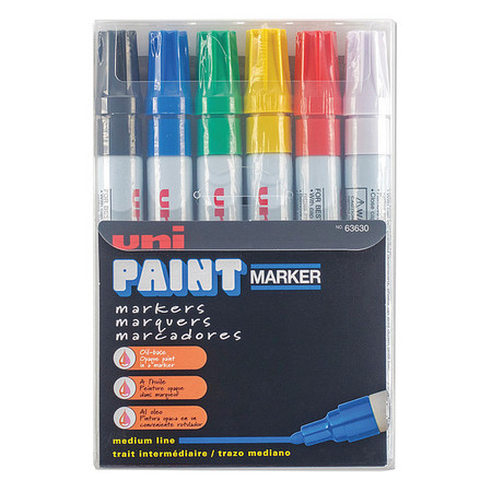 UNI-PAINT Permanent Marker, Medium Tip, Black, Blue, Green, Red, White, Yellow Color Family, Paint, 6 PK 63630