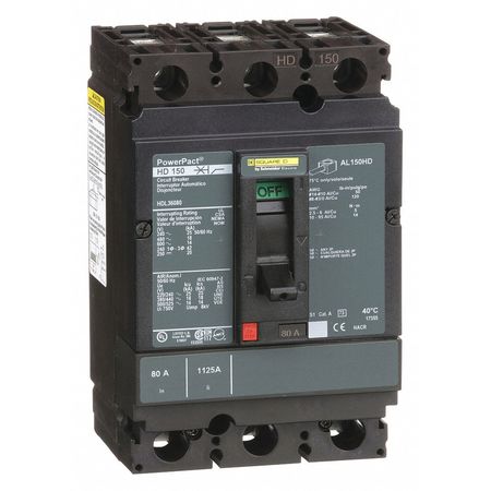 SQUARE D Molded Case Circuit Breaker, HDL Series 80A, 3 Pole, 600V AC HDL36080