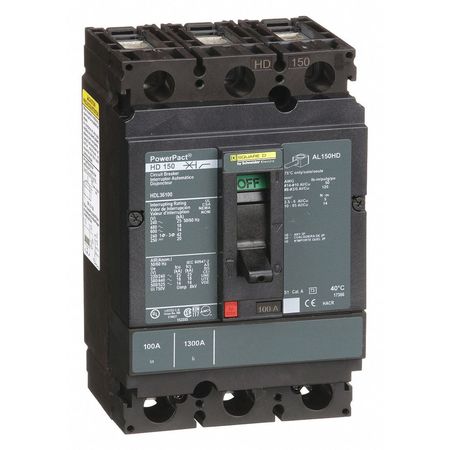 SQUARE D Molded Case Circuit Breaker, HDL Series 100A, 3 Pole, 600V AC HDL36100