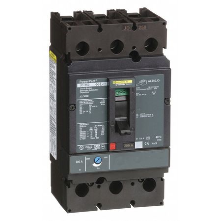 SQUARE D Molded Case Circuit Breaker, JDL Series 200A, 3 Pole, 600V AC JDL36200