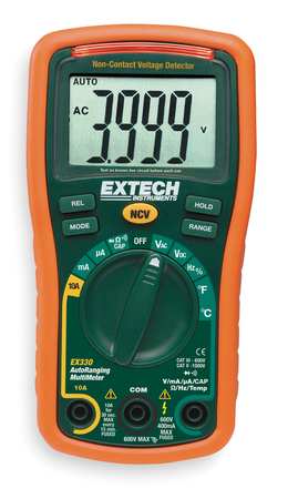 Extech Digital Multimeter, 600 Max. AC Volts, 600 Max. DC Volts, 10 Max. AC Amps, 10 Max. DC Amps EX330
