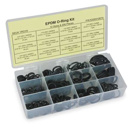 Zoro Select O Ring Assortment, EPDM, 200 Pcs, 12 Sizes 1RGY8