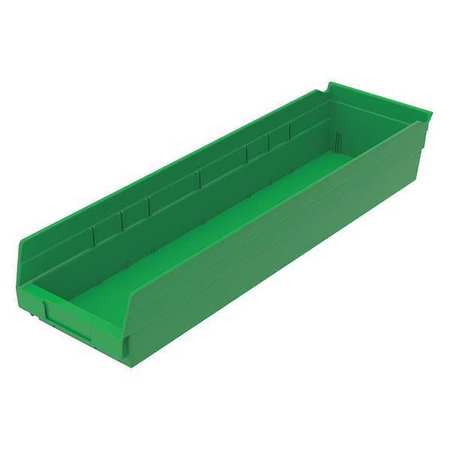 Zoro Select 20 lb Shelf Storage Bin, Plastic, 6 5/8 in W, 4 in H, 23 5/8 in L, Green 30164GREENBLANK