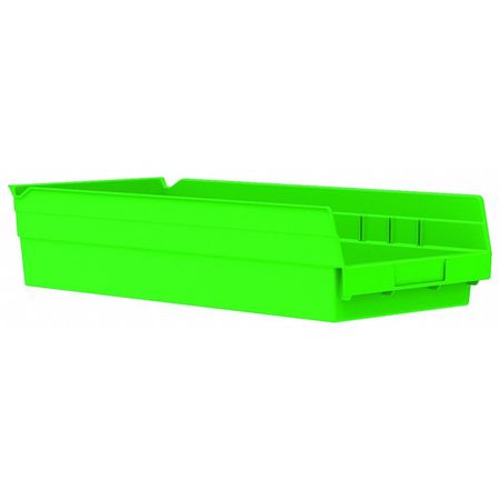 Zoro Select 20 lb Shelf Storage Bin, Plastic, 8 3/8 in W, 4 in H, Green, 17 7/8 in L 30158GREENBLANK