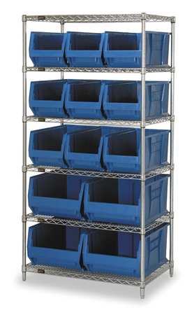 QUANTUM STORAGE SYSTEMS Steel, Polypropylene Bin Shelving, 36 in W x 74 in H x 30 in D, 6 Shelves, Blue WR6-973974BL