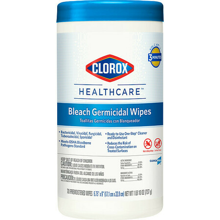 Clorox Germicidal Disinfecting Wipes, White, Canister, 70 Wipes, 9 in x 6 3/4 in, Unscented, 6 PK 35309