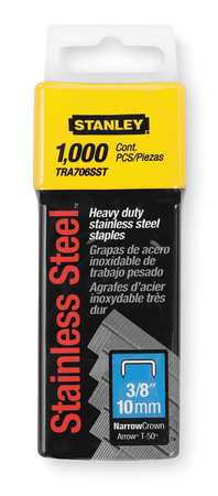 Stanley Heavy Duty Staples, T50, 20 ga, Narrow Crown, 3/8 in Leg L, Stainless Steel, 1000 PK TRA706SST