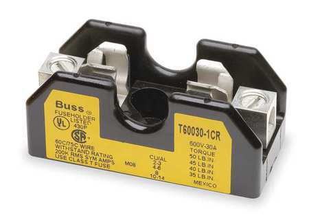 Eaton Bussmann Open Fuse Block, T UL Class, 1 Poles, 0 to 30A Amp Range, 600V AC/DC Volt Rating T60030-1SR