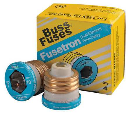 Eaton Bussmann Plug Fuse, T Series, Time-Delay, 10A, 125V AC, Indicating, 10kA at 125V AC, 4 PK T-10