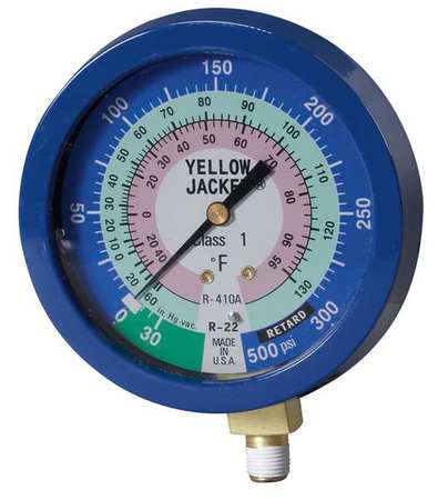 Yellow Jacket Gauge, 3 1/8In Dia, Low Side, Blue, 350 psi 49516