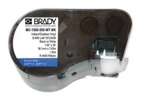 Brady All Weather Permanent Adhesive Vinyl Label Tape, 1.5 in W x 25 ft L, Black on White MC-1500-595-WT-BK
