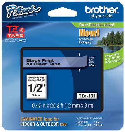 BROTHER Adhesive TZ Tape (R) Cartridge 0.47"x26-1/5ft., Black/Clear TZe131