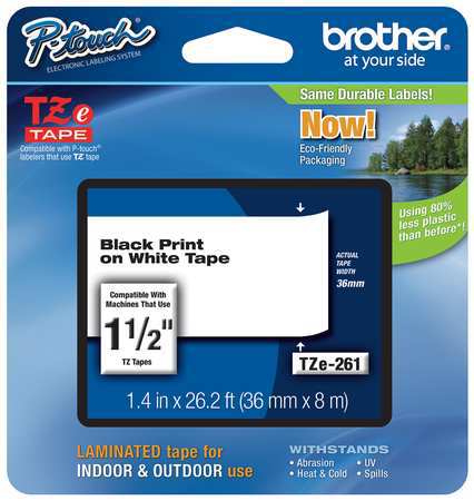 BROTHER Adhesive TZ Tape (R) Cartridge 1-2/5"x26-1/5ft., Black/White TZe261