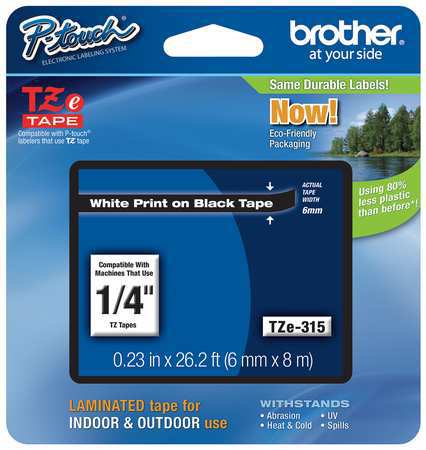 BROTHER Adhesive TZ Tape (R) Cartridge 0.23"x26-1/5ft., White/Black TZe315
