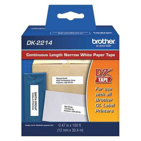 BROTHER Adhesive Label Tape Cartridge 0.47" x 100 ft., Black/White DK2214