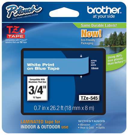 BROTHER Adhesive TZ Tape (R) Cartridge 0.70"x26-1/5ft., White/Blue TZe545