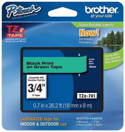 BROTHER Adhesive TZ Tape (R) Cartridge 0.70"x26-1/5ft., Black/Green TZe741