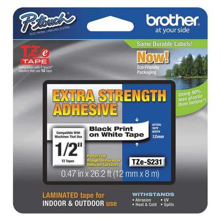 BROTHER Adhesive TZ Tape (R) Cartridge 0.47"x26-1/5ft., Black/White TZeS231