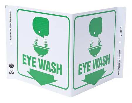 ZING Eye Wash Sign, 7" Height, 12" Width, Plastic, V-Shaped, English 2518