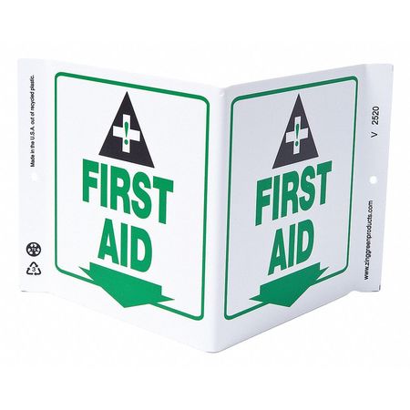 Zing First Aid Sign, 7 in Height, 12 in Width, Plastic, V-Shaped, English 2520