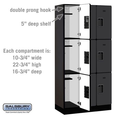 Salsbury Industries Wardrobe Locker, 36" W, 18" D, 76" H, (3) Wide, (9) Openings, Black 33368BLK