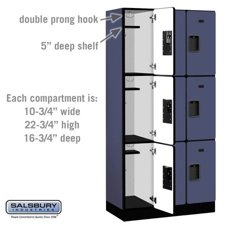 Salsbury Industries Wardrobe Locker, 36" W, 18" D, 76" H, (3) Wide, (9) Openings, Blue 33368BLU