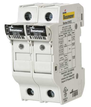 EATON BUSSMANN Finger Safe Fuse Block, CC UL Class, 2 Poles, 0 to 30A Amp Range, 600V AC/DC Volt Rating CHCC2DIU