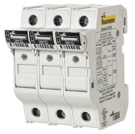 EATON BUSSMANN Finger Safe Fuse Block, CC UL Class, 3 Poles, 0 to 30A Amp Range, 600V AC/DC Volt Rating CHCC3DIU