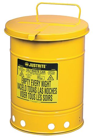 JUSTRITE Oily Waste Can, 10 Gal., Steel, Yellow 09311