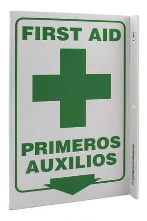 ZING First Aid Sign, 11 in Height, 8 in Width, Plastic, L-Shape Projection, English, Spanish 2621