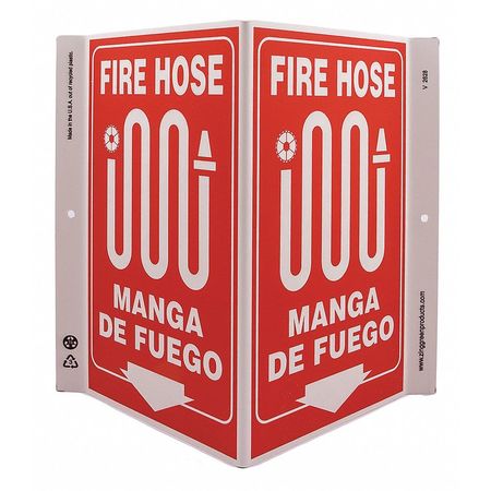 ZING Fire Hose Sign, 11 in Height, 7 in Width, Plastic, V-Shape Projection, English, Spanish 2628