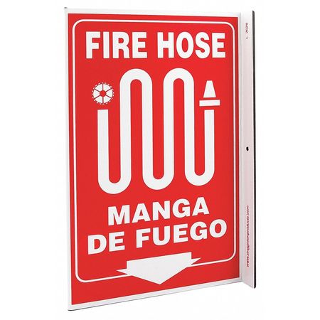 ZING Fire Hose Sign, 11 in Height, 8 in Width, Plastic, L-Shape Projection, English, Spanish 2629
