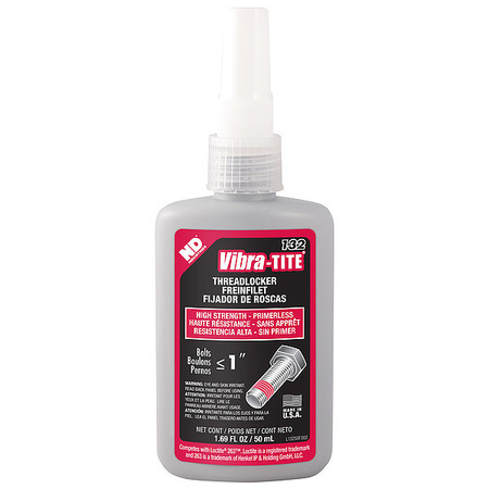 Vibra-Tite Primerless Threadlocker, VIBRA-TITE 132, Red, High Strength, Liquid, Bottle 13250