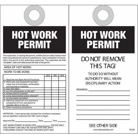 IDESCO SAFETY Hot Work Permit Safety Tag, PK10 KAT690AC