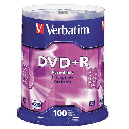 VERBATIM DVD+R Disc, 4.70 GB, 120 min, 16x, PK100 VER95098