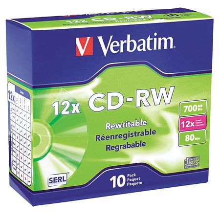 VERBATIM CD-RW Disc, 700 MB, 80 min, 12x, PK10 VER95156