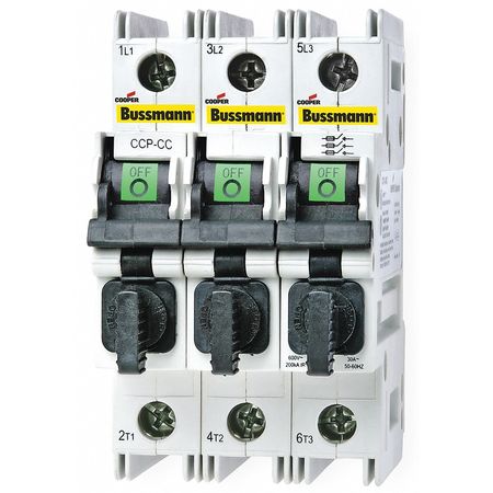 Eaton Bussmann Finger-Safe Fuse Block with Disconnect Switch, 0 to 30 A Amp Range, CC UL Class, 3 Poles, Box Lug CCP2-3-30CC