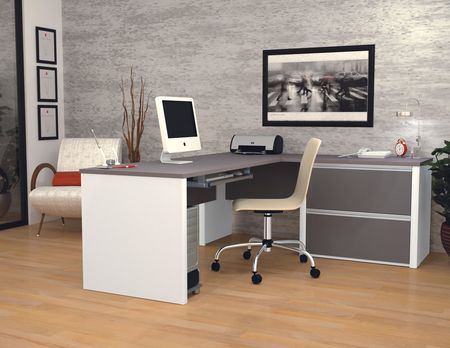 Bestar L Shaped Desk, 82.9" D, 71.1" W, 30.4" H, Slate/Sandstone, Melamine 93862-59